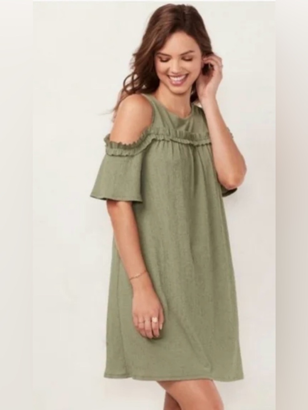 LC Lauren Conrad Olive Green Ruffle Yoke Dress with off the shoulder option.